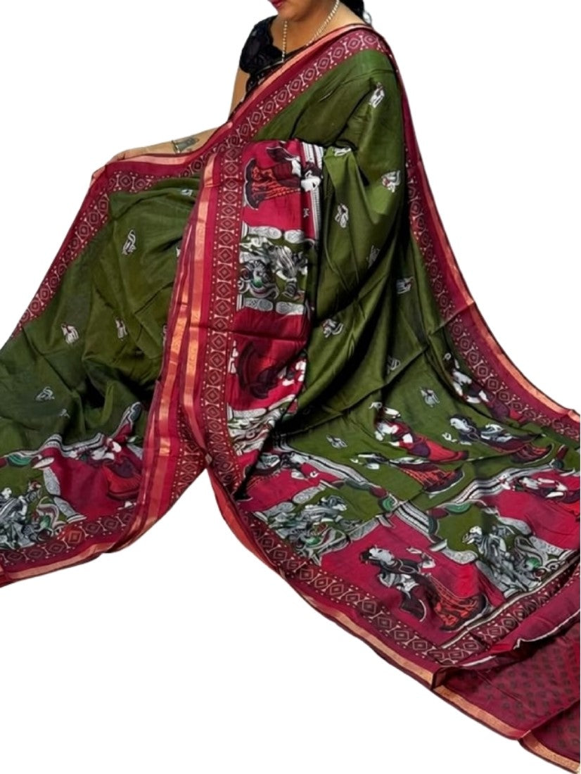 Olive green and maroon linen Kalamkari printed saree with unstitched blouse piece, 5.5 meters length