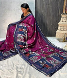 Magenta and navy blue linen Kalamkari printed saree with unstitched blouse piece, 5.5 meters length
