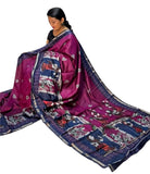 Magenta and navy blue linen Kalamkari printed saree with unstitched blouse piece, 5.5 meters length