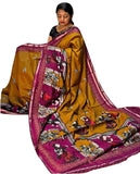 Mustard yellow and magenta linen Kalamkari printed saree with unstitched blouse piece, 5.5 meters