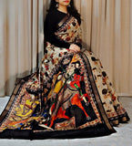 Multicolor linen Kalamkari printed saree with unstitched blouse piece, 5.5 meters length