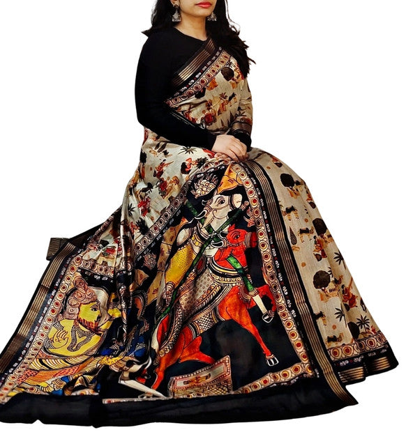 Multicolor linen Kalamkari printed saree with unstitched blouse piece, 5.5 meters length
