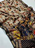 Multicolor linen Kalamkari printed saree with unstitched blouse piece, 5.5 meters length