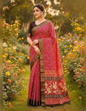 Red linen floral printed saree with unstitched blouse piece, 5.5 meters length