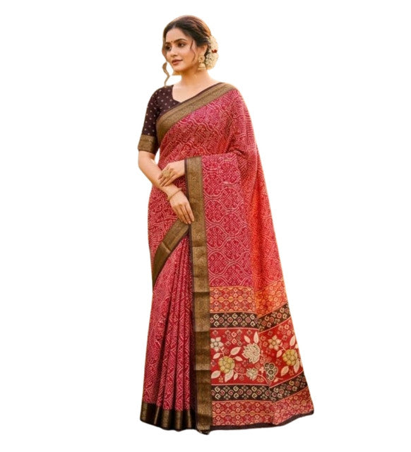 Red linen floral printed saree with unstitched blouse piece, 5.5 meters length