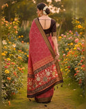 Red linen floral printed saree with unstitched blouse piece, 5.5 meters length