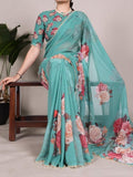 Aqua blue georgette floral printed saree with unstitched blouse piece, 5.5 meters length