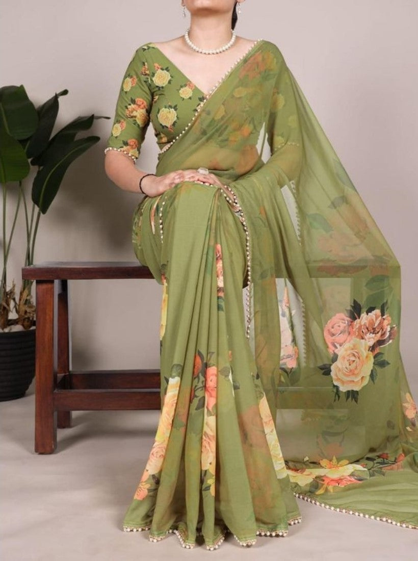 Green georgette floral printed saree with unstitched blouse piece, 5.5 meters length