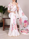 White georgette floral printed saree with unstitched blouse piece, 5.5 meters length