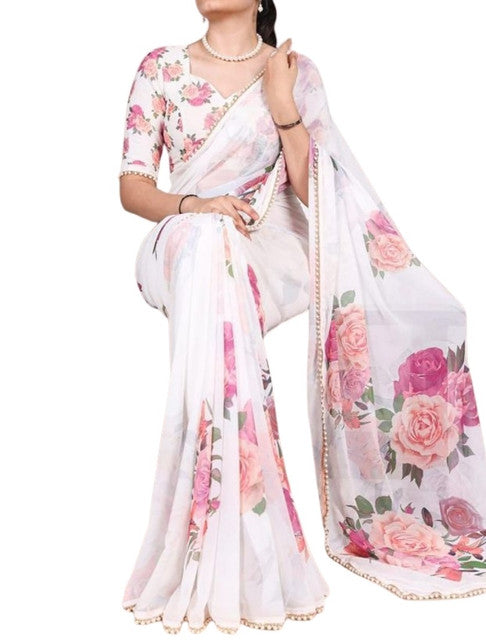 White georgette floral printed saree with unstitched blouse piece, 5.5 meters length