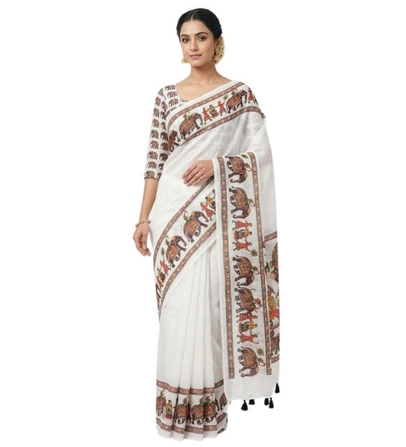 White linen Kalamkari saree with unstitched blouse piece, 5.5 meters, traditional Indian wear