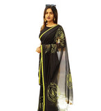 Black linen floral printed saree with unstitched blouse piece, 5.5 meters length