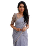 Grey linen striped saree with unstitched blouse piece, 5.5 meters, traditional Indian wear