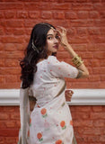 White and orange linen floral printed saree with unstitched blouse piece, 5.5 meters length