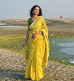 Yellow linen floral printed saree with unstitched blouse piece, 5.5 meters length