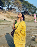 Yellow linen floral printed saree with unstitched blouse piece, 5.5 meters length