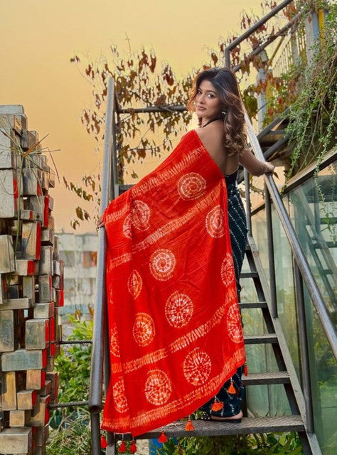 Teal and orange printed linen saree with unstitched blouse piece, 5.5 meters length