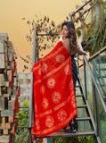 Teal and orange printed linen saree with unstitched blouse piece, 5.5 meters length