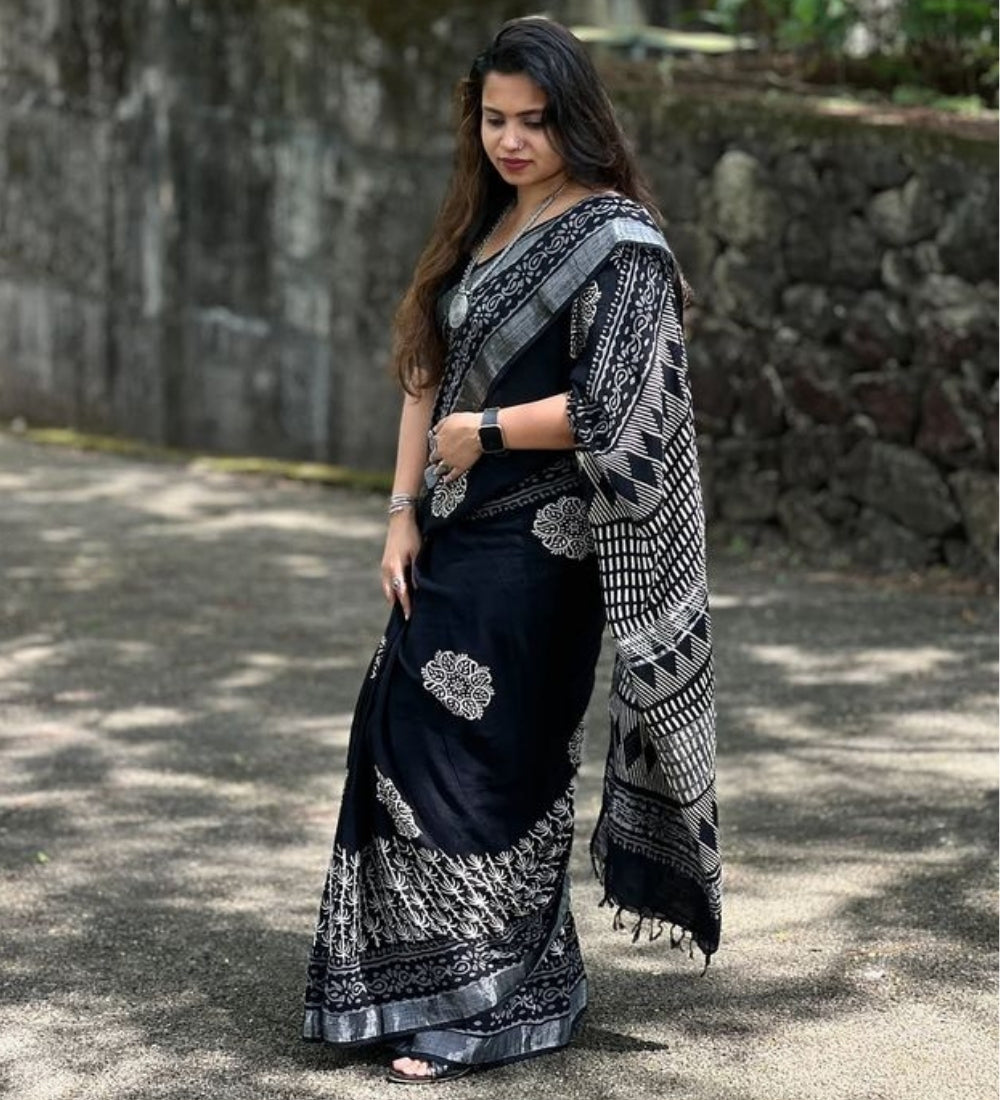 Black linen floral printed saree with unstitched blouse piece, 5.5 meters length