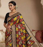 Multicolor art silk Kalamkari printed saree with unstitched blouse piece, 5.5 meters length