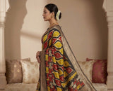 Multicolor art silk Kalamkari printed saree with unstitched blouse piece, 5.5 meters length