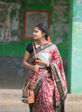 Maroon linen saree with floral print and unstitched blouse piece, 5.5 meters length