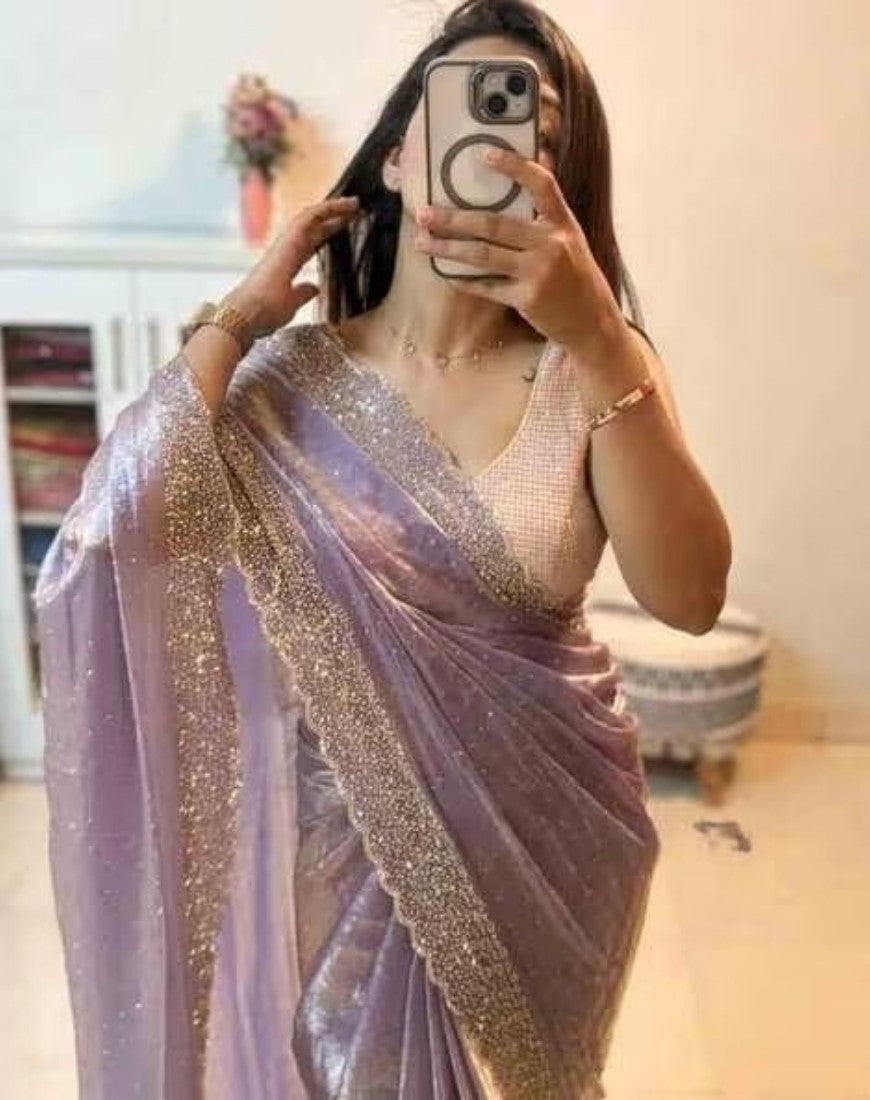 Lavender chiffon saree with embellishments and unstitched blouse piece, 5.5 meters length