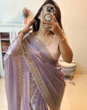 Lavender chiffon saree with embellishments and unstitched blouse piece, 5.5 meters length