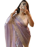 Lavender chiffon saree with embellishments and unstitched blouse piece, 5.5 meters length