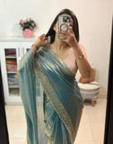 Sea green chiffon saree with embellishments and unstitched blouse piece, 5.5 meters length