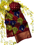 Multicolor Dola Silk Kalamkari floral printed saree with unstitched blouse, 5.5 meters length