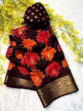 Multicolor Dola Silk Kalamkari floral printed saree with unstitched blouse, 5.5 meters length