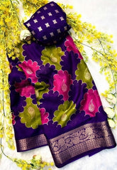 Multicolor Dola Silk Kalamkari floral printed saree with unstitched blouse, 5.5 meters length