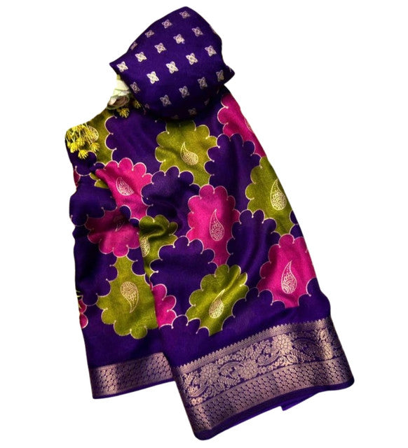 Multicolor Dola Silk Kalamkari floral printed saree with unstitched blouse, 5.5 meters length