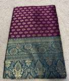 Women's Jacquard Printed Saree With Unstitched Blouse - 5.5 Mtr (Purple-Teal)
