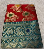 Women's Jacquard Floral Printed Saree With Unstitched Blouse - 5.5 Mtr (Red-Teal)