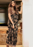 Women's Linen Cotton Printed Saree With Unstitched Blouse - 5.5 Mtr (Black)