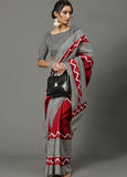 Women's Linen Cotton Striped Saree With Unstitched Blouse - 5.5 Mtr (Red-Grey)