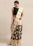 Women's Linen Cotton Printed Saree With Unstitched Blouse - 5.5 Mtr (Cream-Black)
