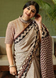 Women's Linen Cotton Printed Saree With Unstitched Blouse - 5.5 Mtr (Cream-Maroon)