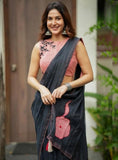 Women's Linen Cotton Printed Saree With Unstitched Blouse - 5.5 Mtr (Black-Pink)