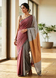 Women's Linen Cotton Striped Saree With Unstitched Blouse - 5.5 Mtr (Maroon-Grey)