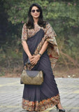 Women's Linen Cotton Kalamkari Printed Saree With Unstitched Blouse - 5.5 Mtr (Multicolor)