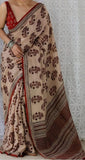 Women's Linen Cotton Printed Saree With Unstitched Blouse - 5.5 Mtr (Cream-Maroon)