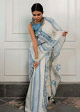 Women's Linen Cotton Printed Saree With Unstitched Blouse - 5.5 Mtr (White-Blue)