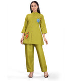 Women's Polycotton Floral Printed Mandarin Collar 3/4 Sleeve Kurti With Pant Co-ord Set (Olive Green)