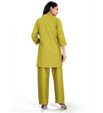 Women's Polycotton Floral Printed Mandarin Collar 3/4 Sleeve Kurti With Pant Co-ord Set (Olive Green)