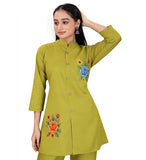 Women's Polycotton Floral Printed Mandarin Collar 3/4 Sleeve Kurti With Pant Co-ord Set (Olive Green)