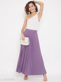 Purple crepe ankle-length skirt, solid pleated design, available in sizes 26-42