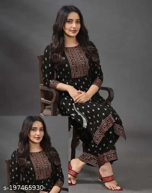 Printed black rayon kurta pant set with broad border design, perfect for festive and party wear